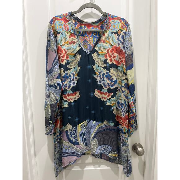 JOHNNY WAS USA Blue 100% Silk Japanese Floral, Long Sleeve Tunic Dress Sz M - Picture 1 of 10